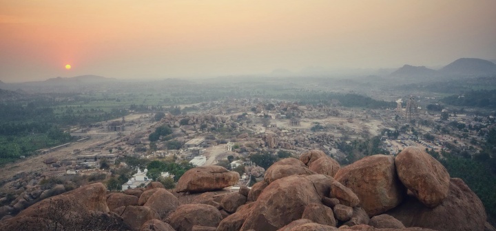 Sunset from atop the Matanga Hill ! Virupaksha temple to the right again.